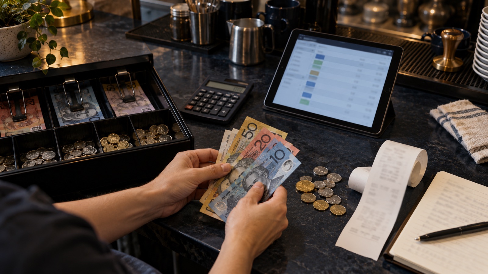 A café worker reconciles Australian cash beside a till, calculator, receipt roll and transaction screen after closing.
