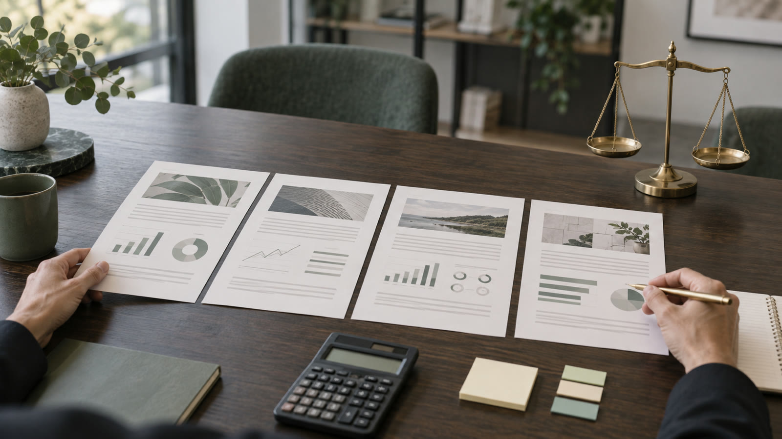 A buyer compares four unbranded business profiles beside a calculator and brass balance scale.