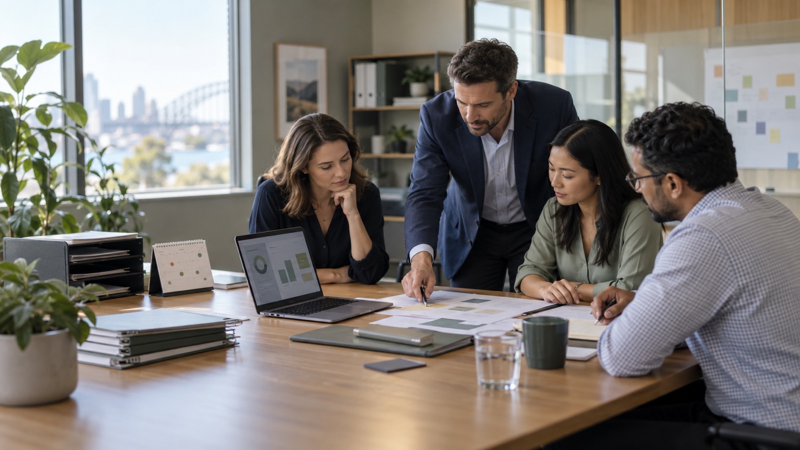 An accounting team reviewing a staged transition plan around a table in a bright office.