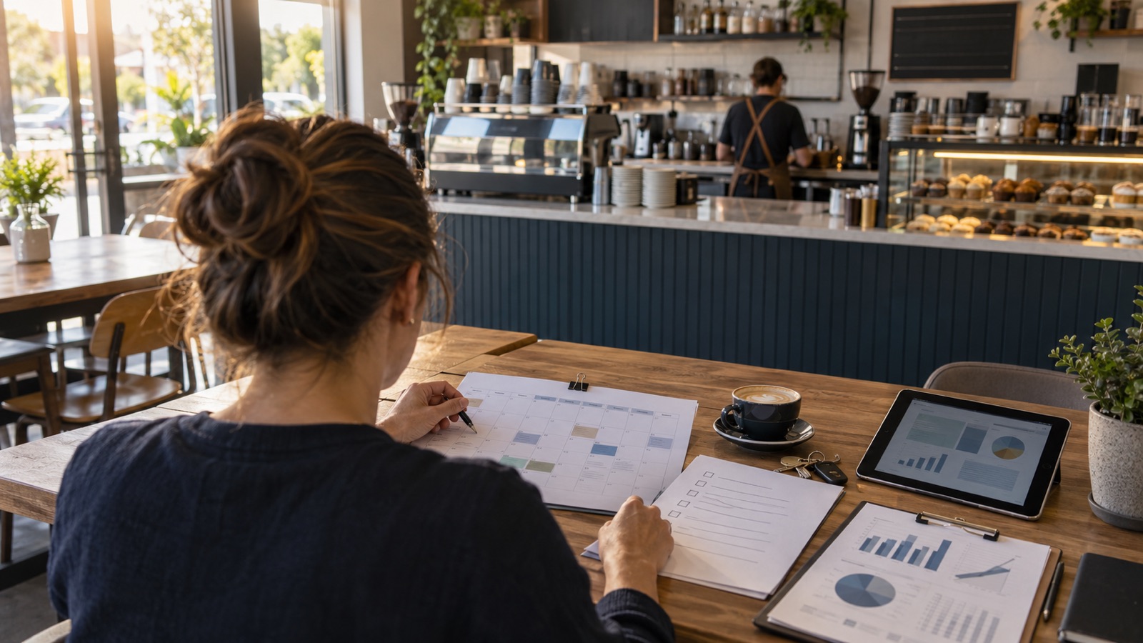 A new café owner reviews a 90-day operating plan and performance charts before the morning trade.