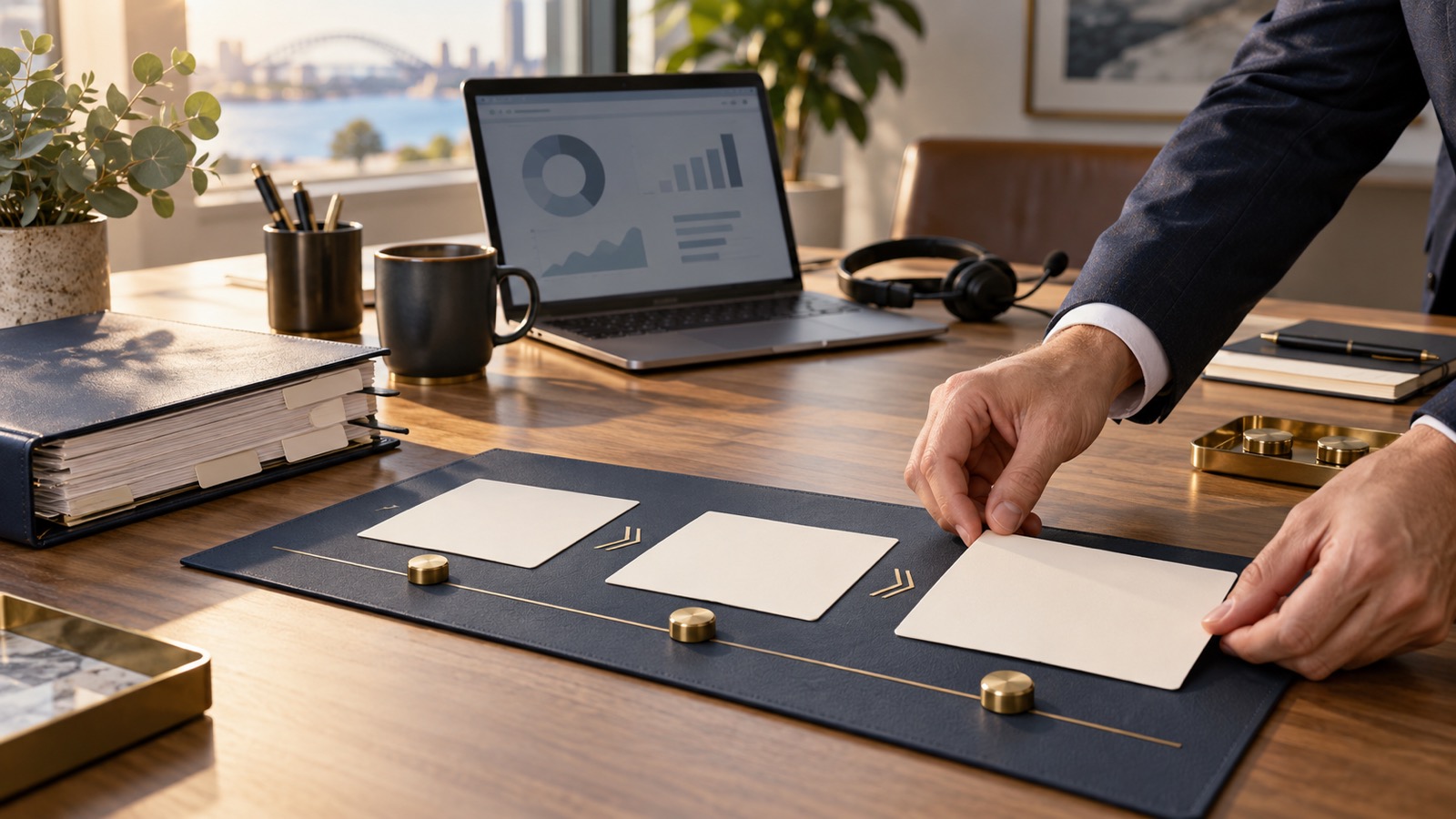 An operator arranges three blank milestone cards beside a secure laptop, headset and loan-file folder.