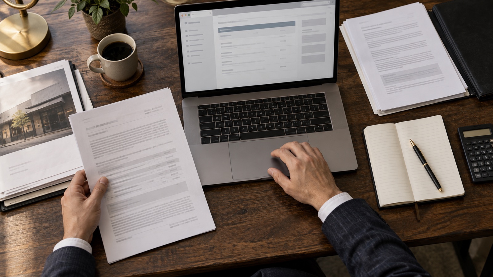 A buyer cross-checking an online franchise profile against printed acquisition documents.