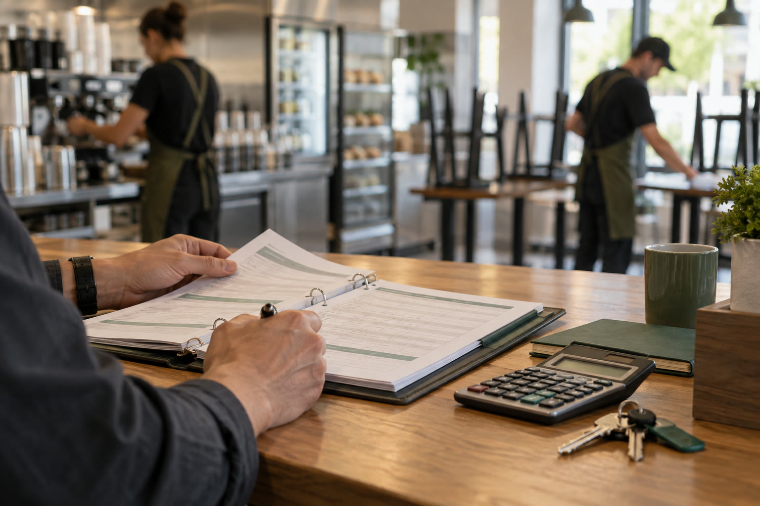 A manager reviews an operations folder, calculator and store keys while staff prepare a generic café for opening.