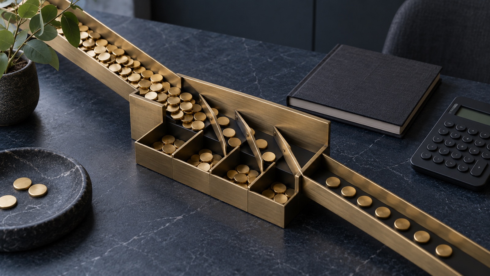 Brass accounting tokens pass through an unlabelled sorting tray, with a smaller stream emerging beside a ledger.