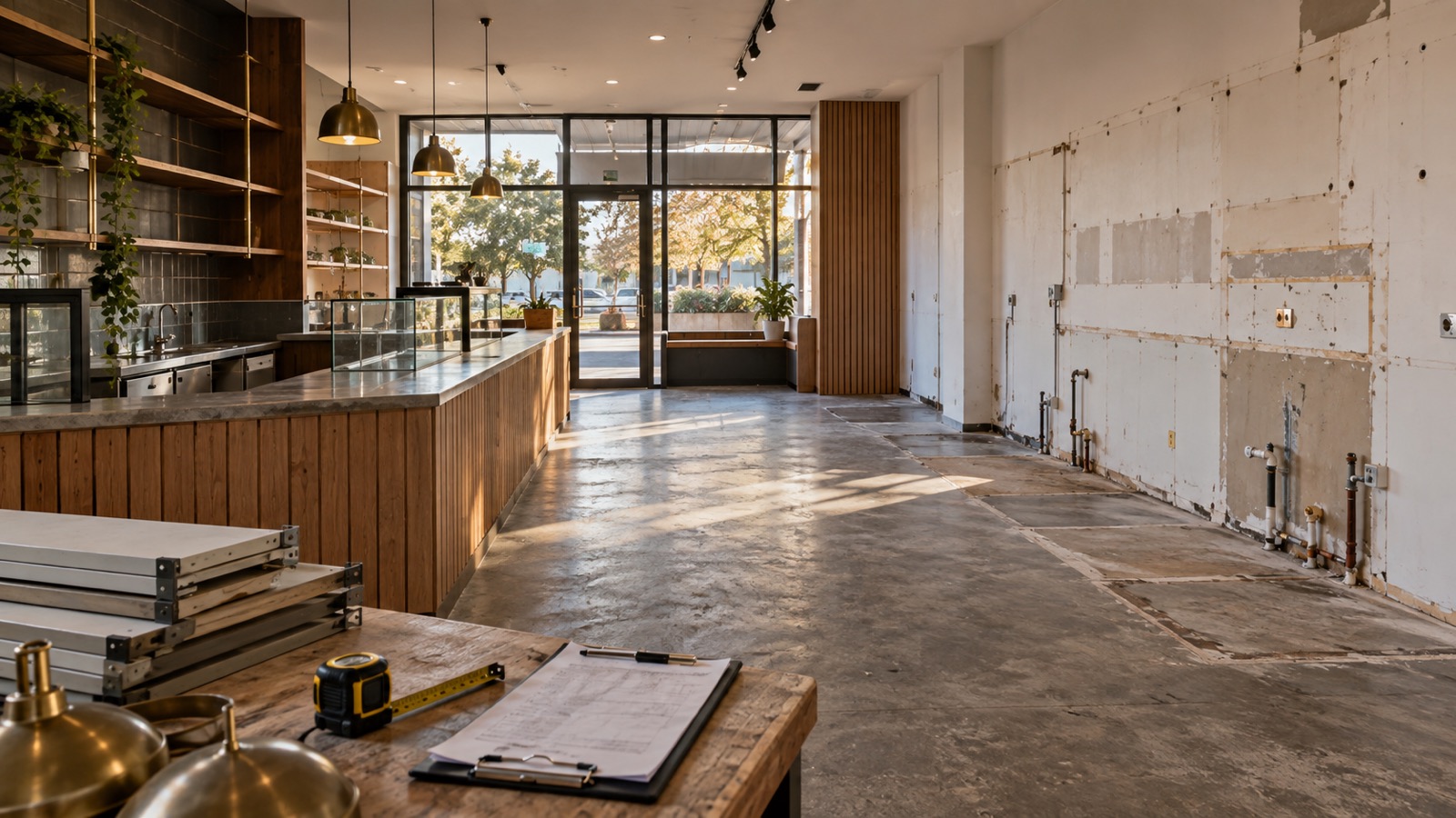 A partly retained commercial fit-out beside a stripped wall during a premises handover inspection.