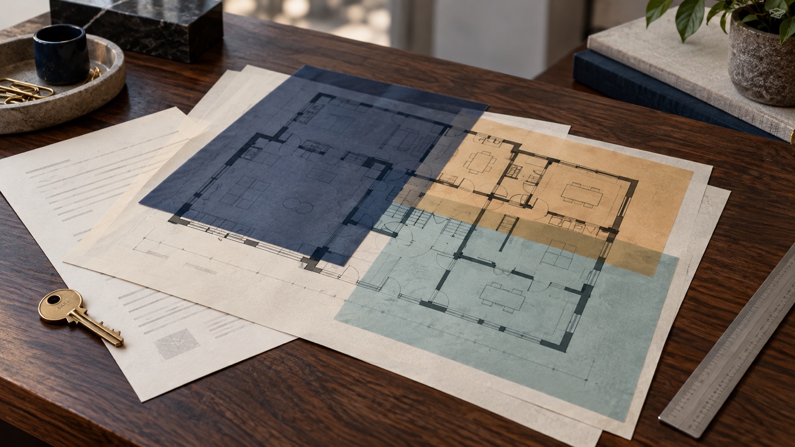 A premises floor plan examined through overlapping translucent overlays on a timber table.