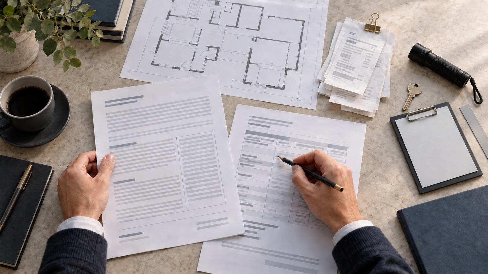 A buyer cross-checks unbranded lease documents, premises plans and inspection materials.