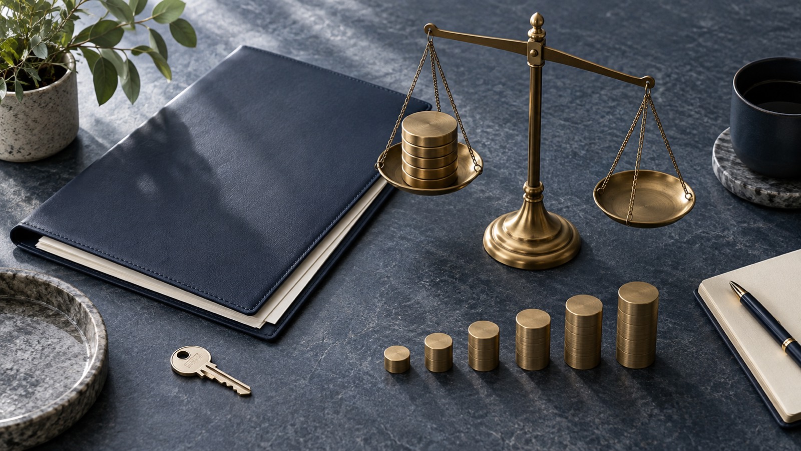 A commercial key and lease folder beside an uneven brass balance and ascending payment markers.