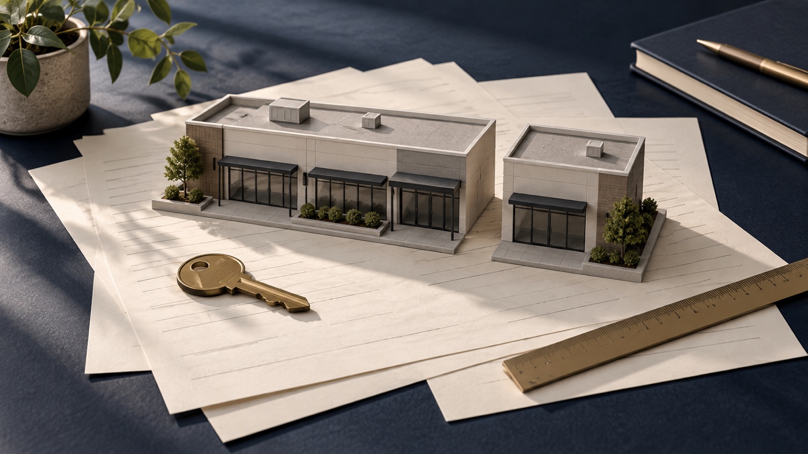 A segmented architectural model of commercial premises positioned over blank lease documents.