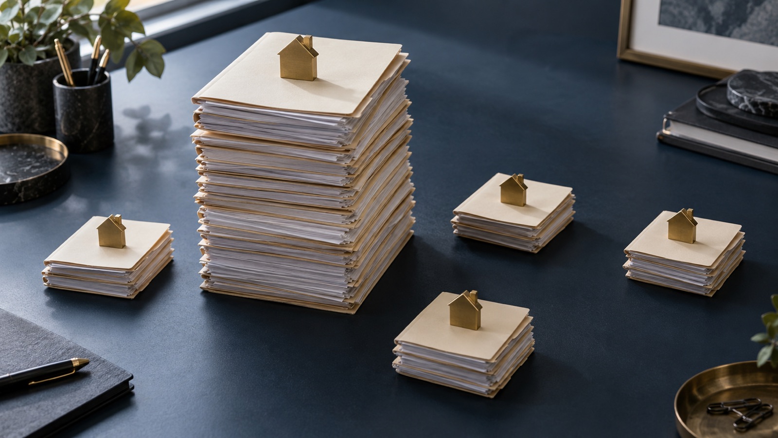 One large stack of mortgage files surrounded by several much smaller stacks on a dark desk.