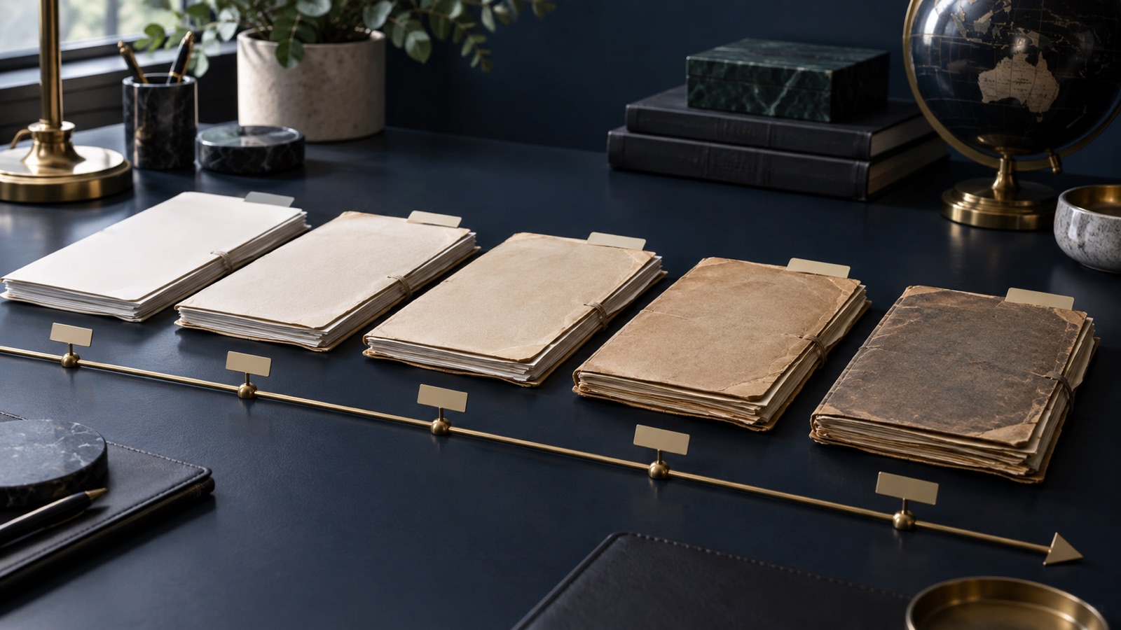 Five anonymous mortgage files arranged along a brass timeline, progressing from new paper to seasoned archival folders.