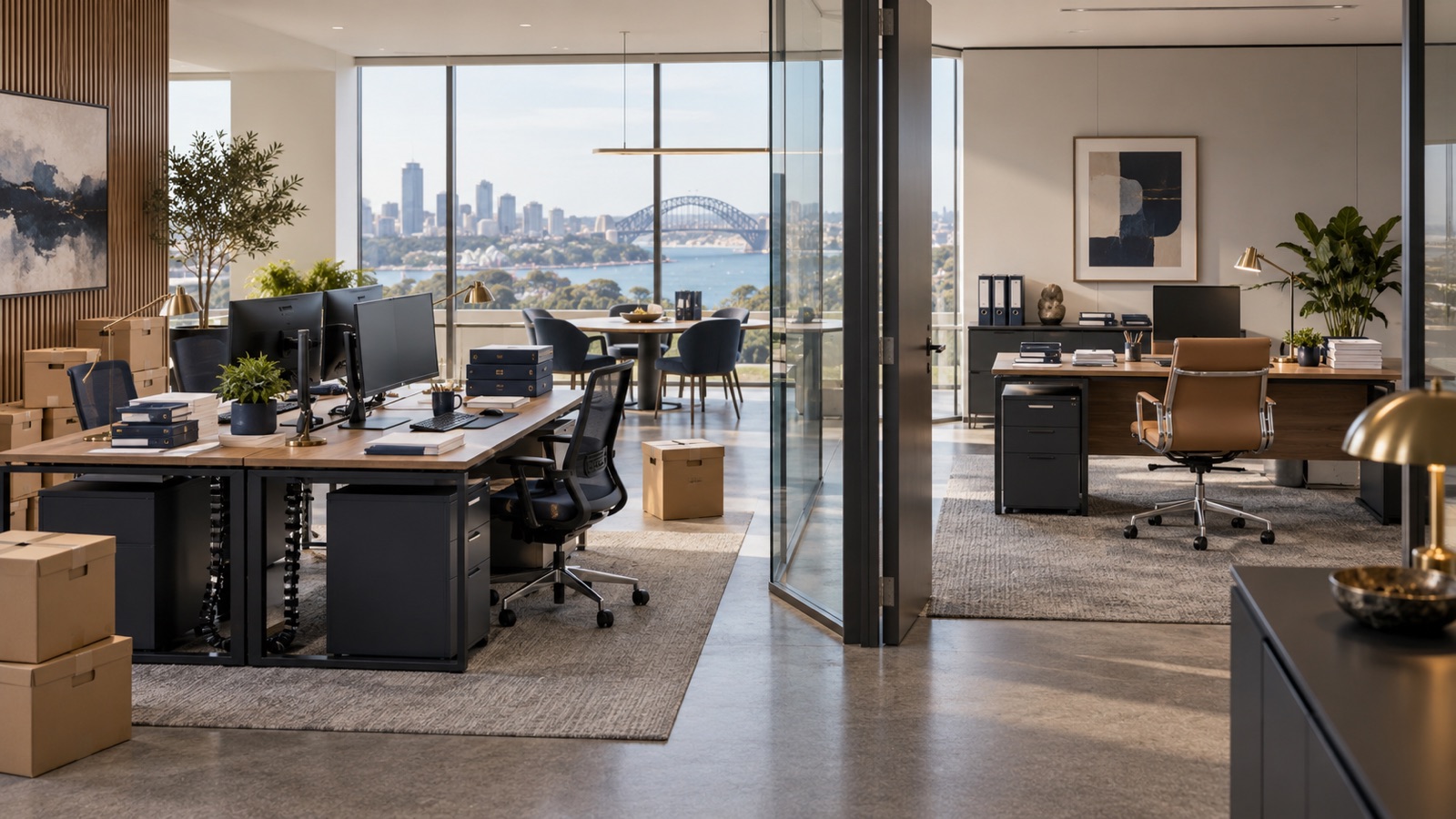 Two adjacent accounting office workspaces, one consolidated and one self-contained, separated by an open glass doorway.