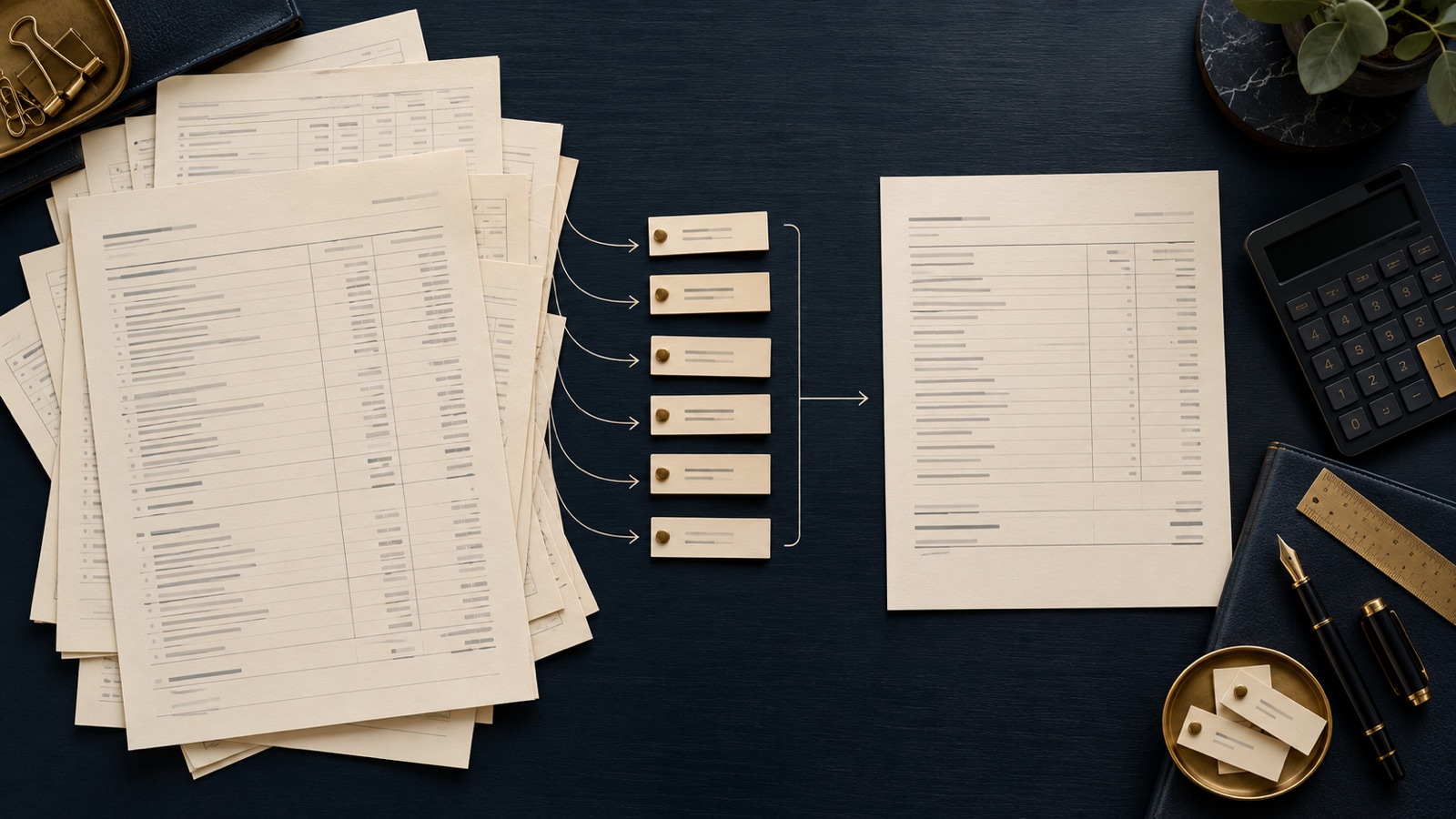 An overhead accounting workbench with ledgers, adjustment markers, a calculator and a clean earnings bridge.