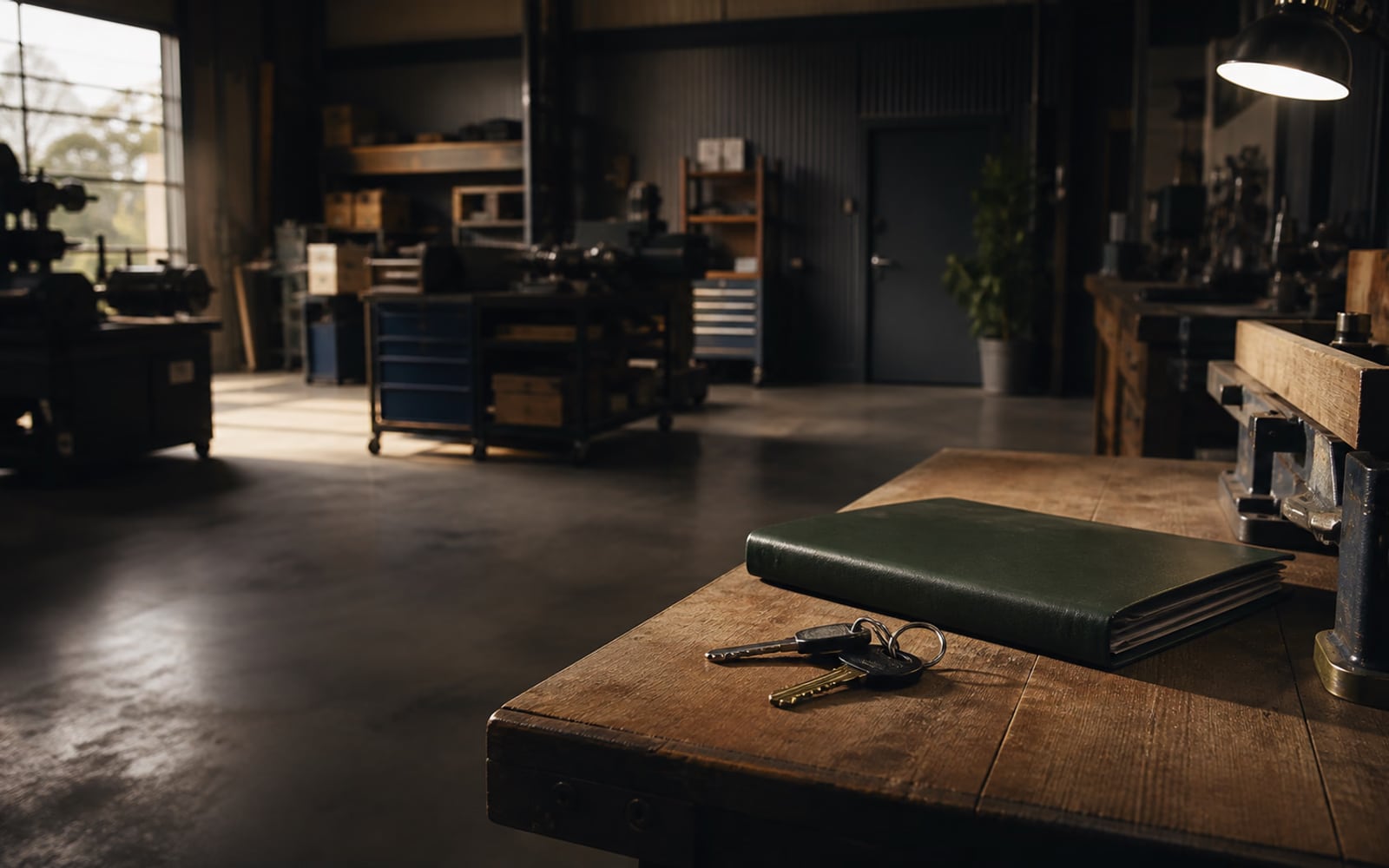A set of keys and an operations folder on a workbench in a quiet specialist workshop.