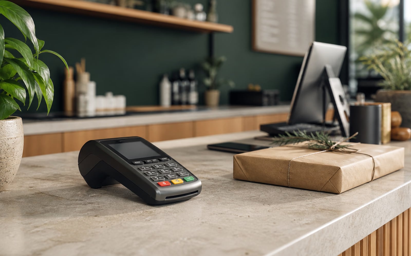 A payment terminal and wrapped parcel on the counter of a contemporary independent business.
