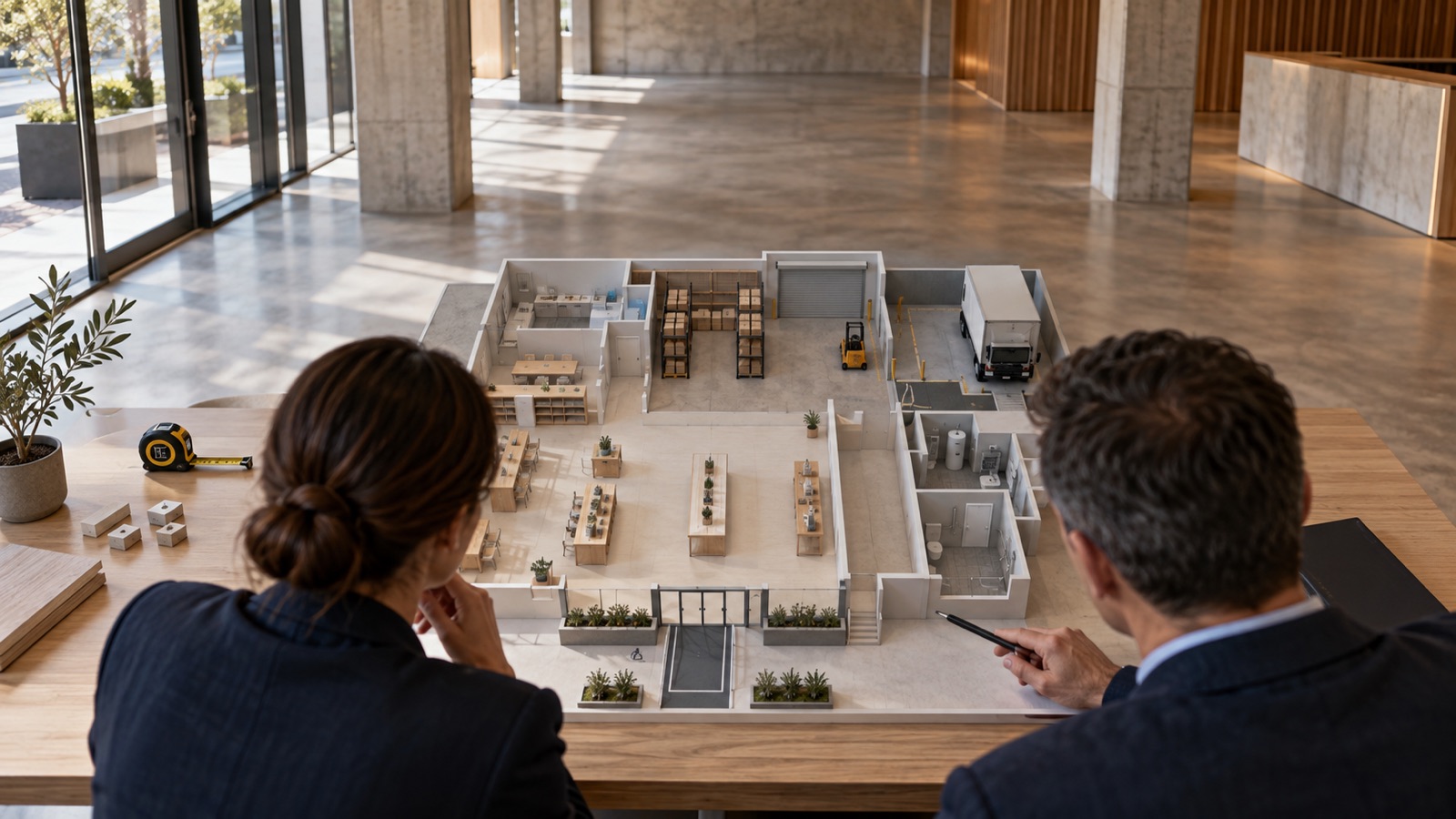 Two advisers examining a scale model that maps customer, work, storage and loading areas in commercial premises.