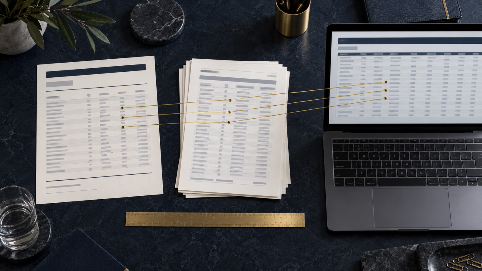 Three sets of financial records linked by fine gold lines across a navy desk.