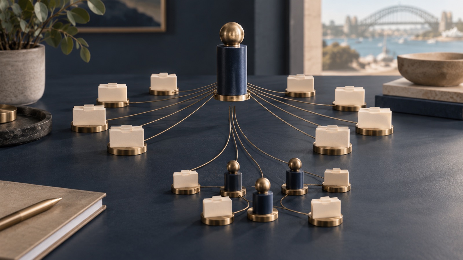 Cream client-file markers connect to one dominant navy pillar and a smaller team network on a dark office table.