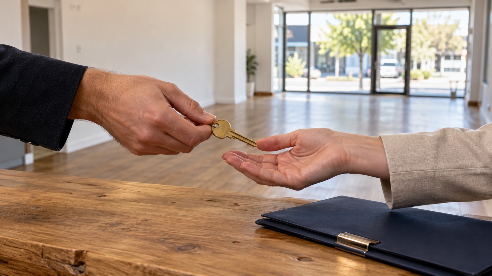 Two people passing a brass key across a timber counter in an empty commercial tenancy.