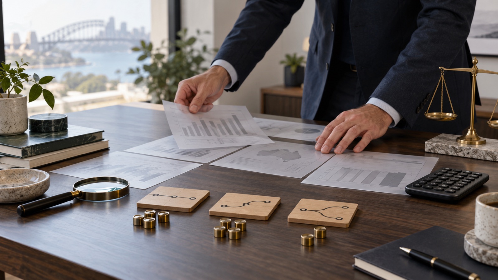An adviser compares several unlabelled portfolio sheets, risk markers and scenario paths on a timber table.