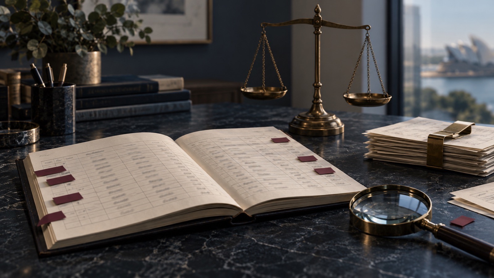 An anonymous commission ledger marked with burgundy tabs beside a brass balance and magnifying glass.