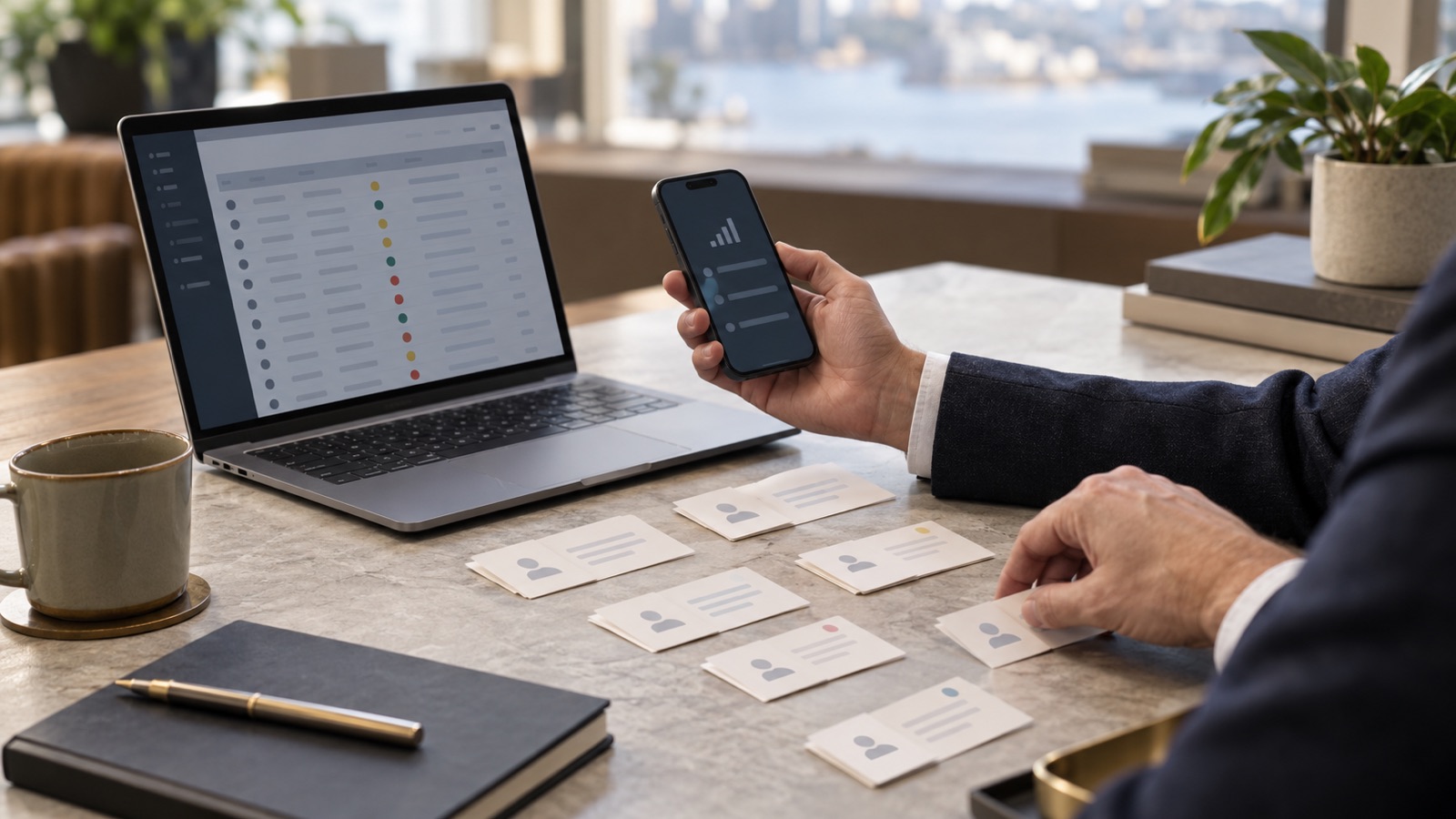 A due-diligence professional compares abstract client records across a laptop, phone and paper cards.