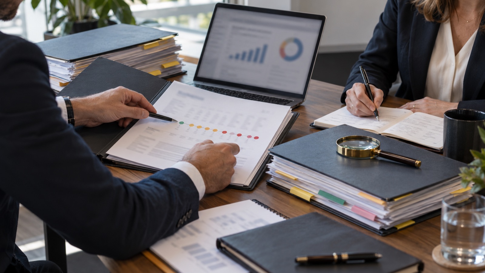 Two advisers examine organised case files, a complaint timeline and compliance records in a meeting room.