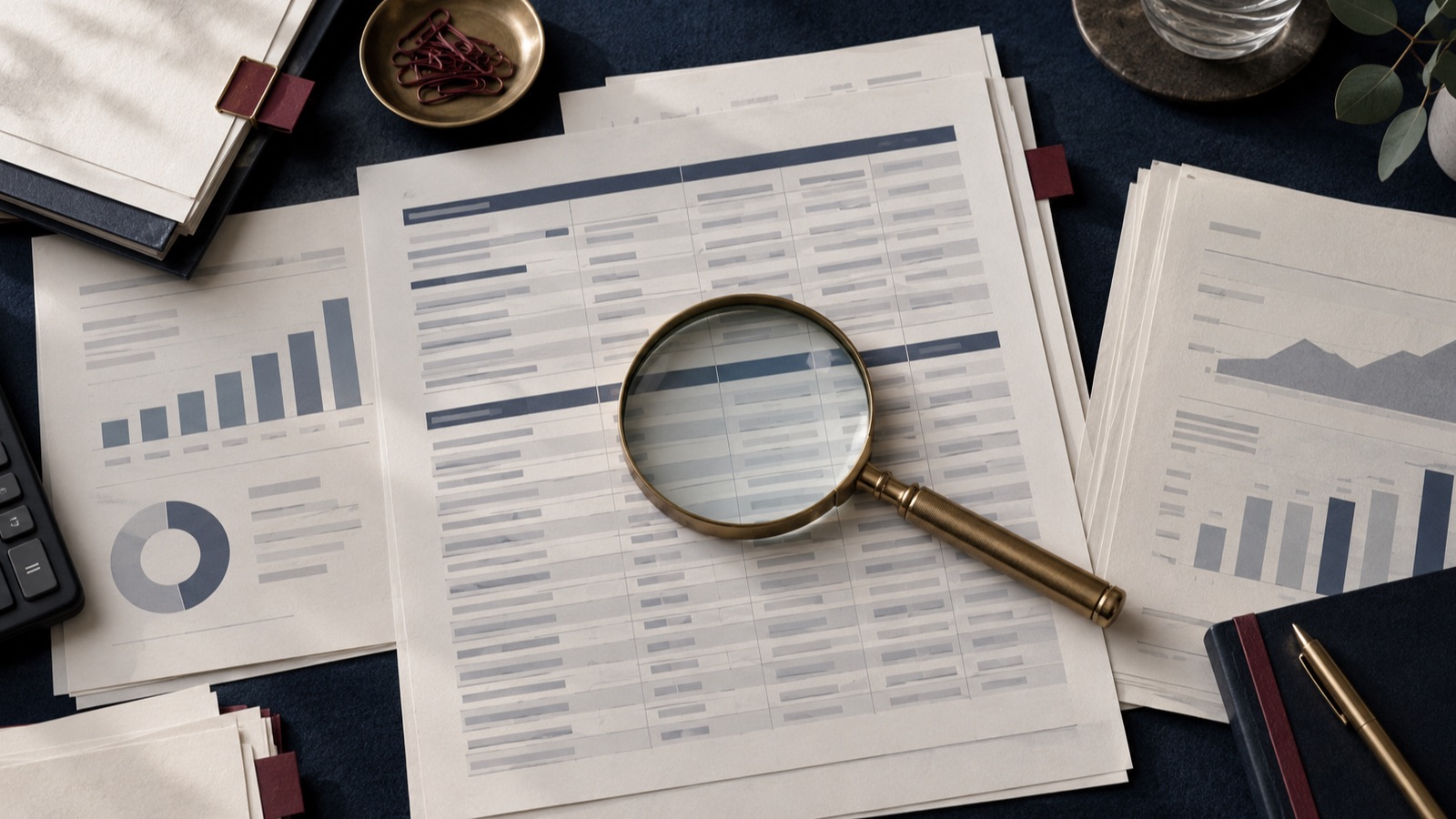 An editorial overhead view of anonymised loan data sheets and financial records beneath a brass magnifying glass.