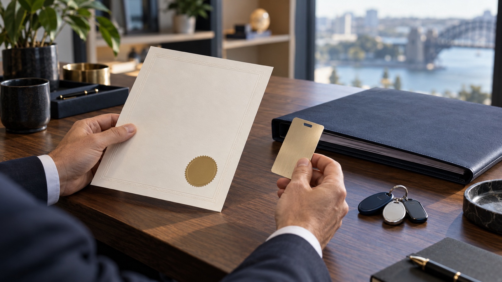 A buyer compares a blank certificate, access card and permission tokens beside an unlabelled loan portfolio.