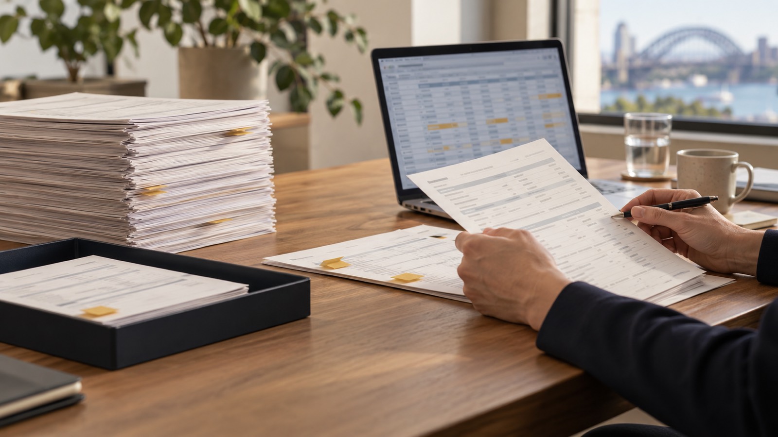 An analyst compares anonymised loan records with a portfolio data file while selected samples and exceptions are separated on a desk.