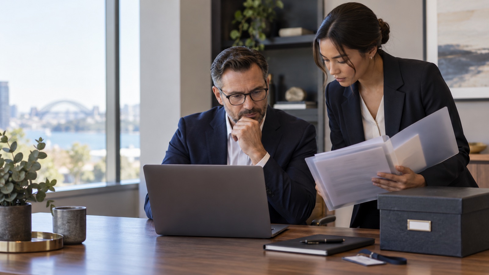 Two advisers review a secure laptop and unreadable client files beside a sealed archive box.