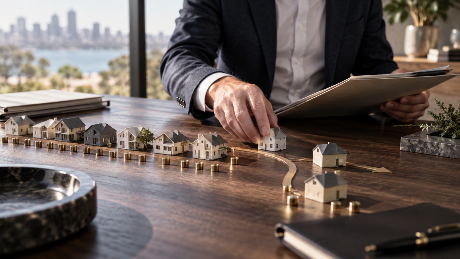 An adviser moves a model house from a mortgage-loan cohort towards a separate path on a timber table.