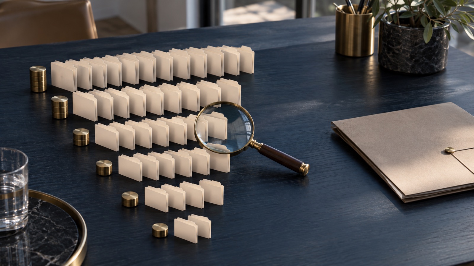 Rows of blank loan folders become progressively shorter across an analyst's desk beneath a magnifying glass.