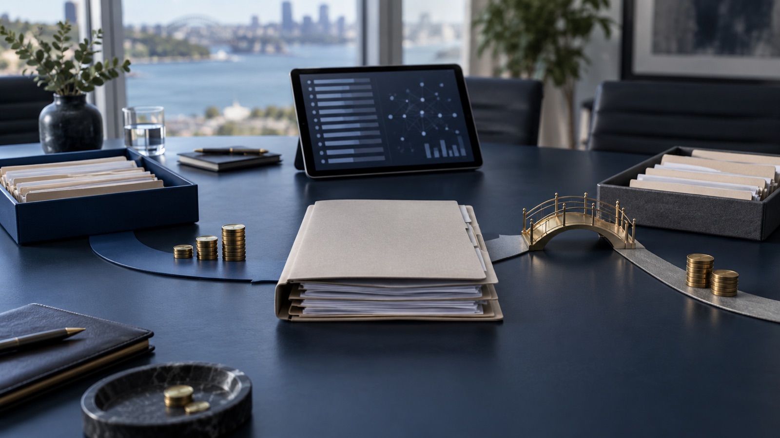 A central portfolio file branches towards two archival trays, with one route crossing a small brass bridge.