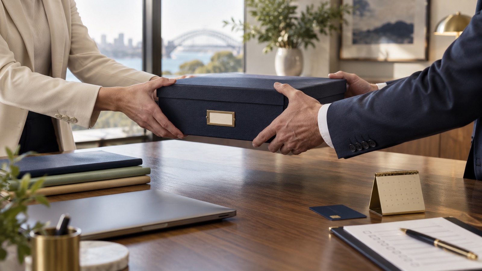 Two professionals carefully transfer a navy portfolio box across an office table.