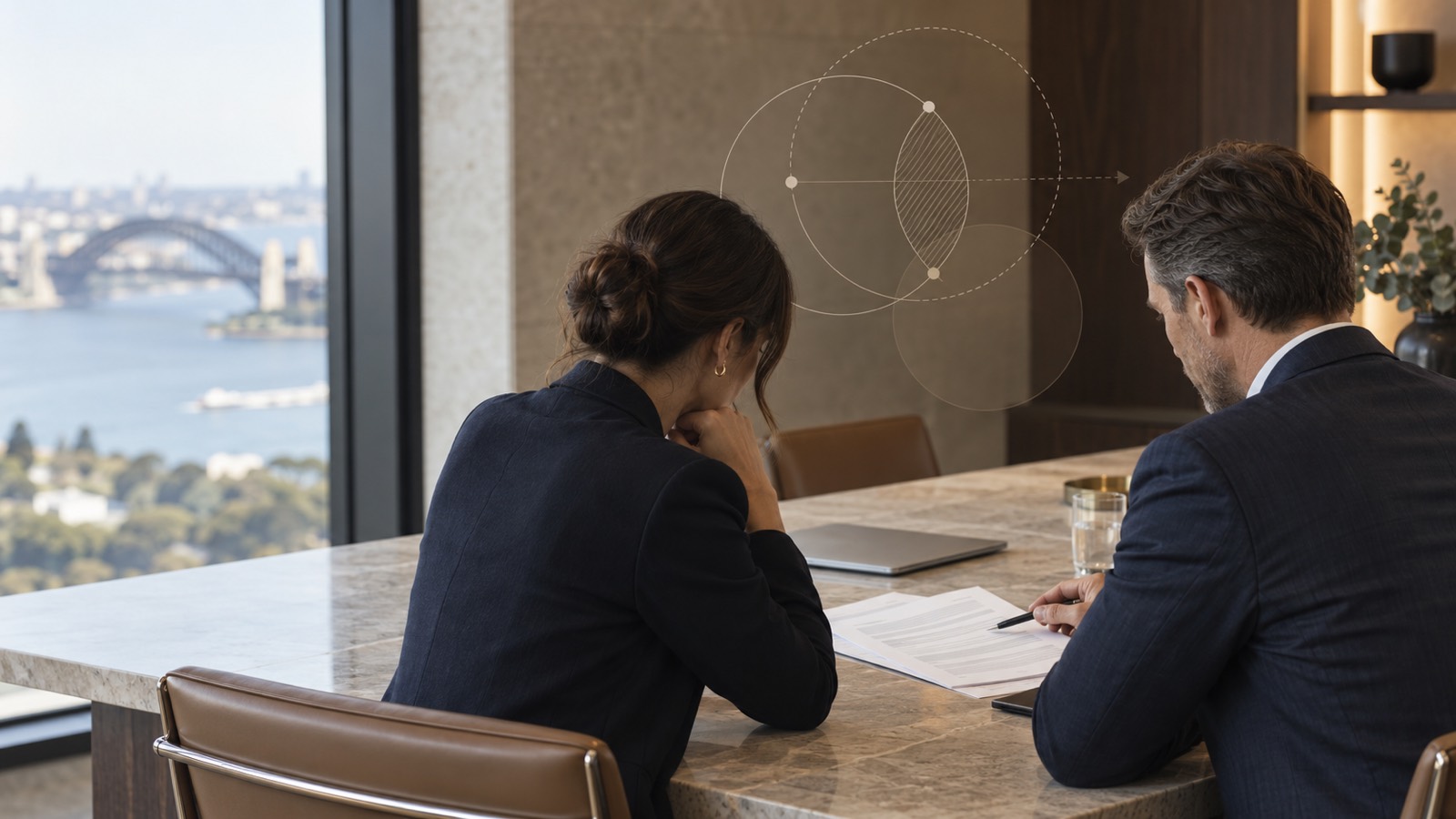 Two advisers review an unsigned agreement beside an abstract boundary diagram in a Sydney meeting room.