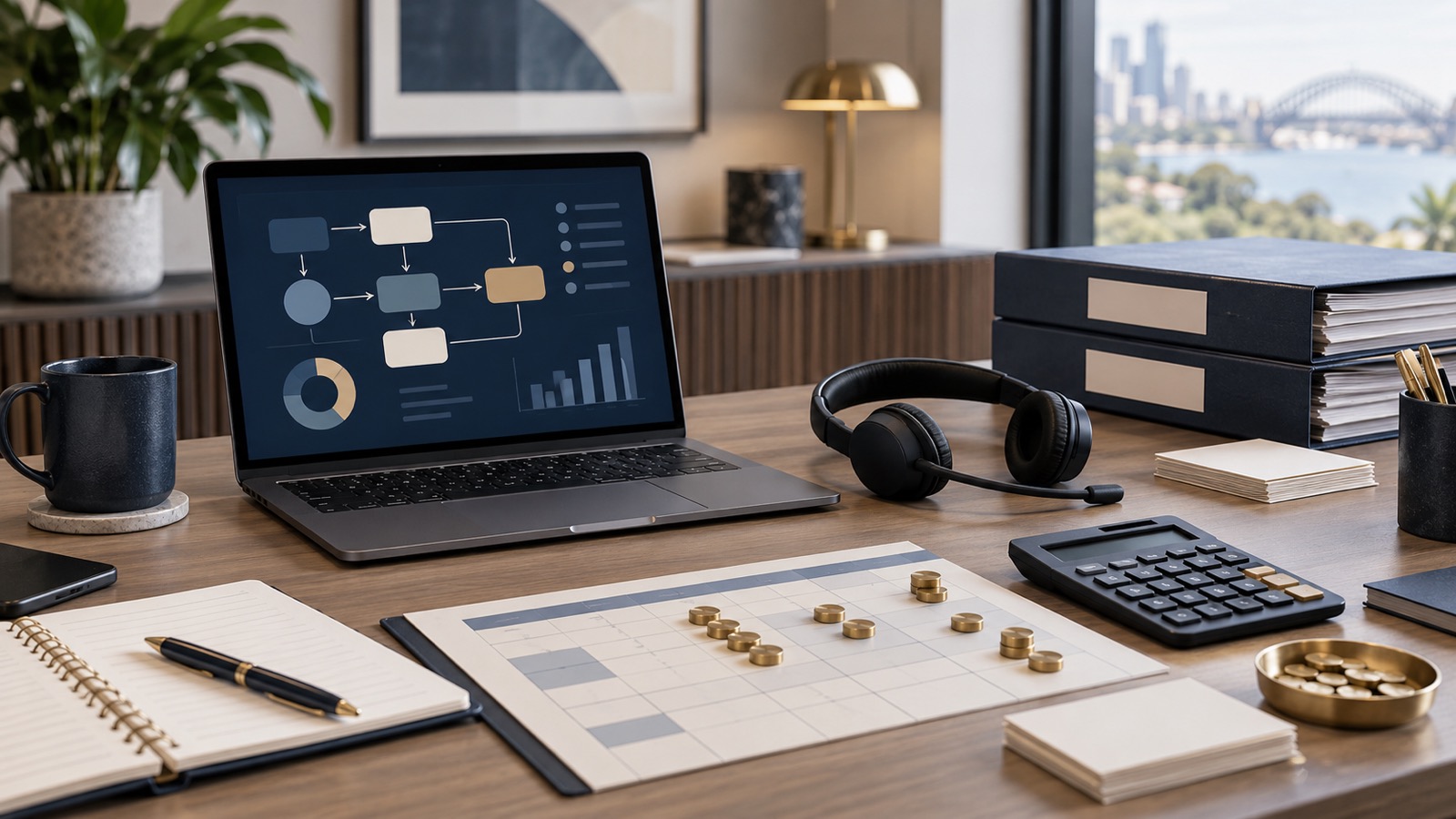 A professional desk with a headset, abstract workflow screen, document files and brass counters arranged across a capacity-planning grid.