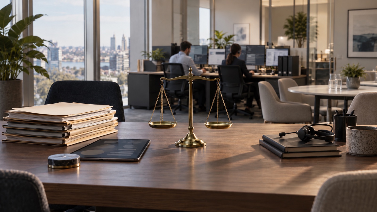 A brass balance separates an anonymous loan portfolio from the people and systems of an operating brokerage.