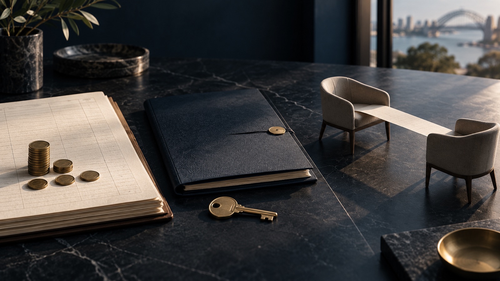 An anonymous commission ledger, a brass key and two chairs linked by a paper bridge, arranged as three separate transfer pathways.