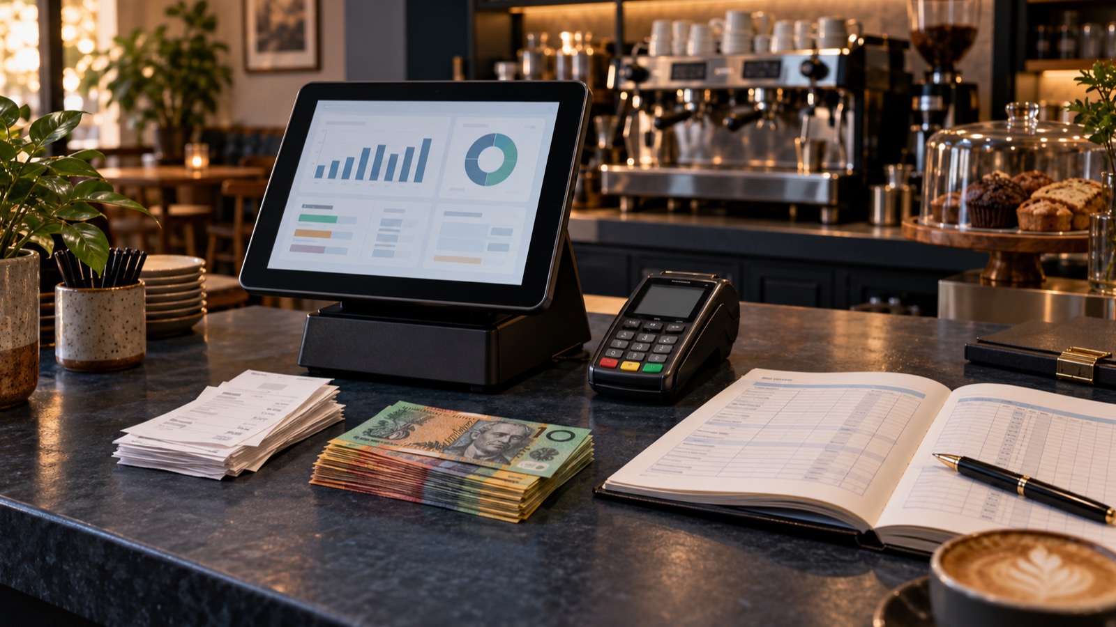 A café counter arranged with a point-of-sale terminal, payment terminal, receipts, cash and an open ledger after service.