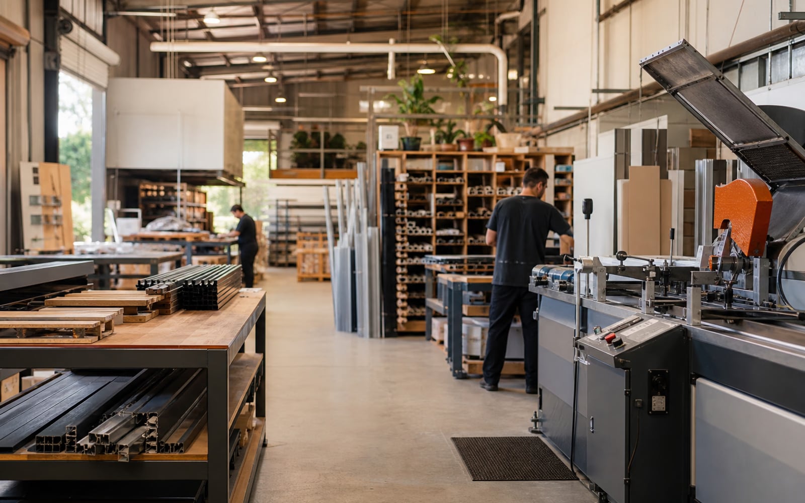 An organised light-industrial business with maintained machinery, materials and people at work.